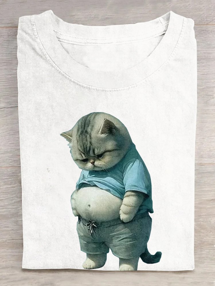 Baumwolle Katze Lässig Rundhals T-Shirt