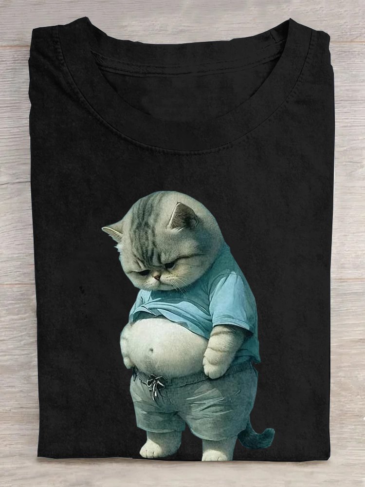 Baumwolle Katze Lässig Rundhals T-Shirt