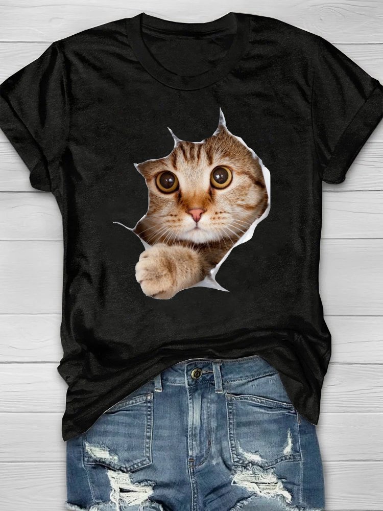 Lässig Baumwolle Katze Weit T-Shirt