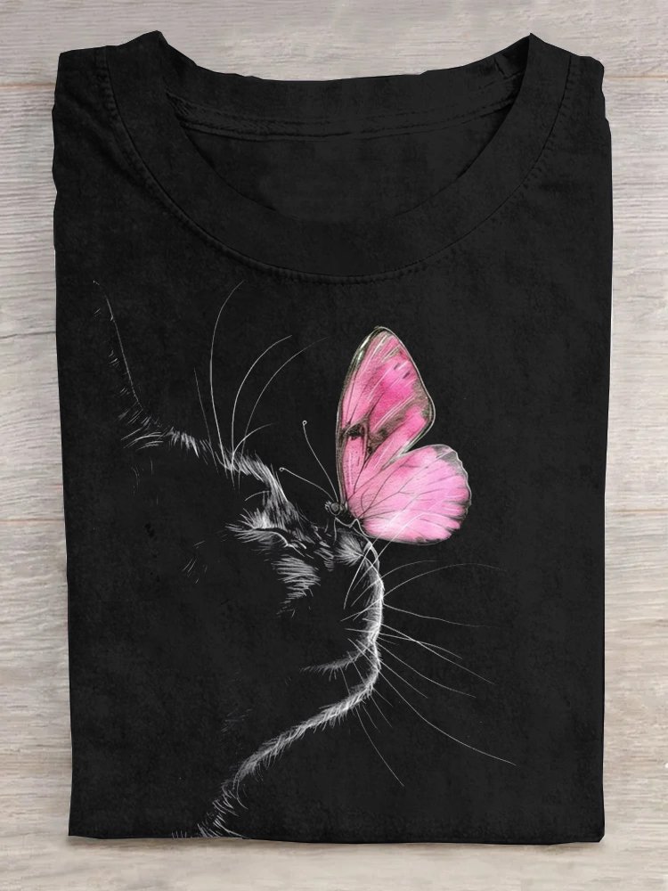 Baumwolle Lässig Katze Weit T-Shirt