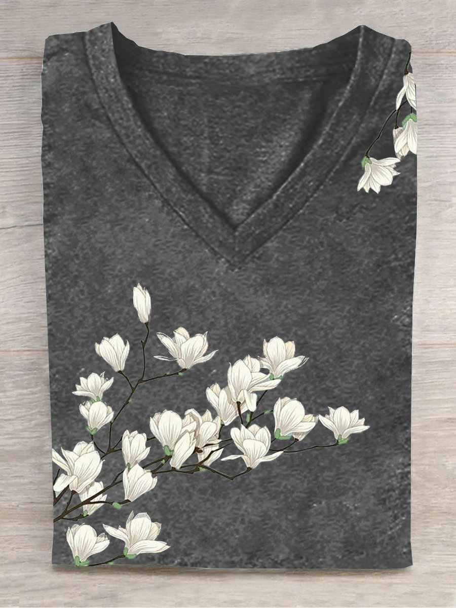 Lässig Geblümt Blumen V-Ausschnitt T-Shirt
