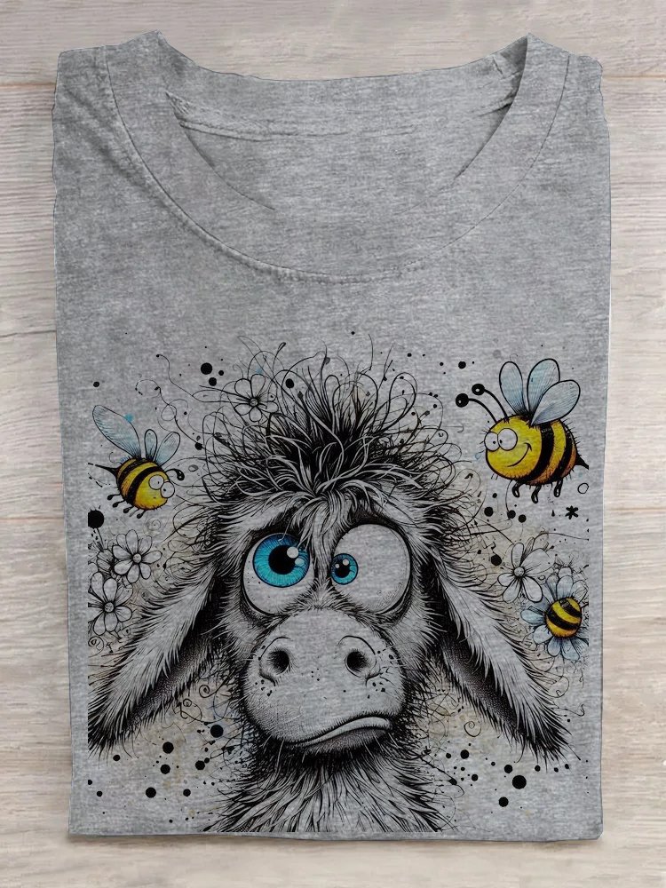 Weit Lässig Tiere Baumwolle Esel und Biene T-Shirt