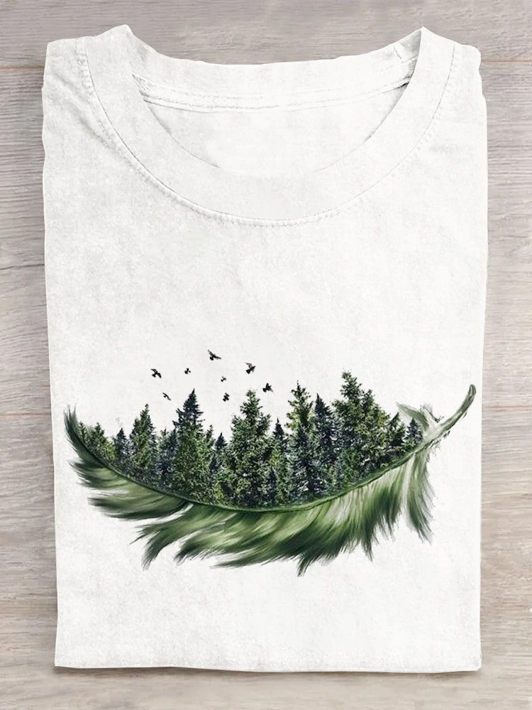 Rundhals Lässig Weit Abstrakte Kunst Federn und Wälder T-Shirt