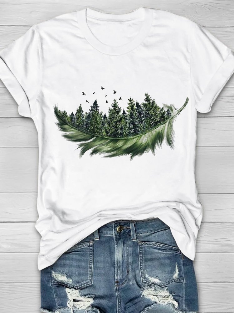 Rundhals Lässig Weit Abstrakte Kunst Federn und Wälder T-Shirt