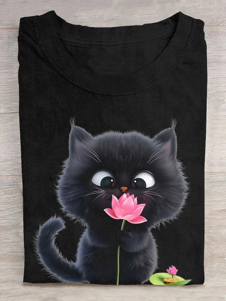 Rundhals Katze Baumwolle Lässig T-Shirt