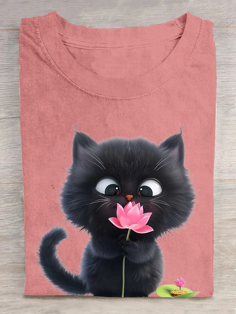 Rundhals Katze Baumwolle Lässig T-Shirt