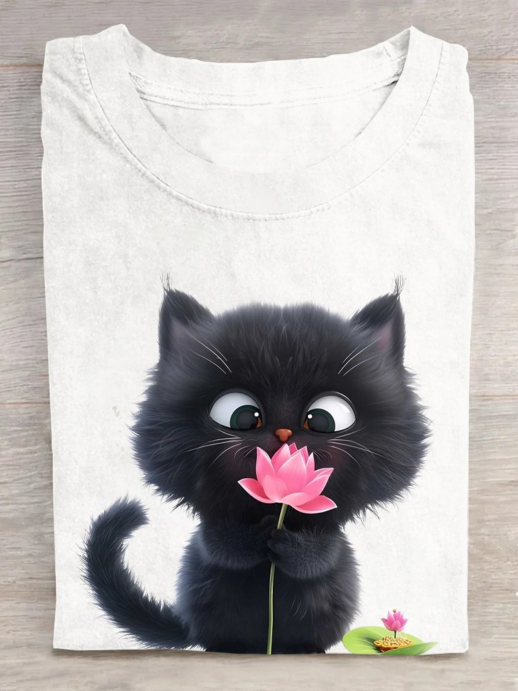 Rundhals Katze Baumwolle Lässig T-Shirt