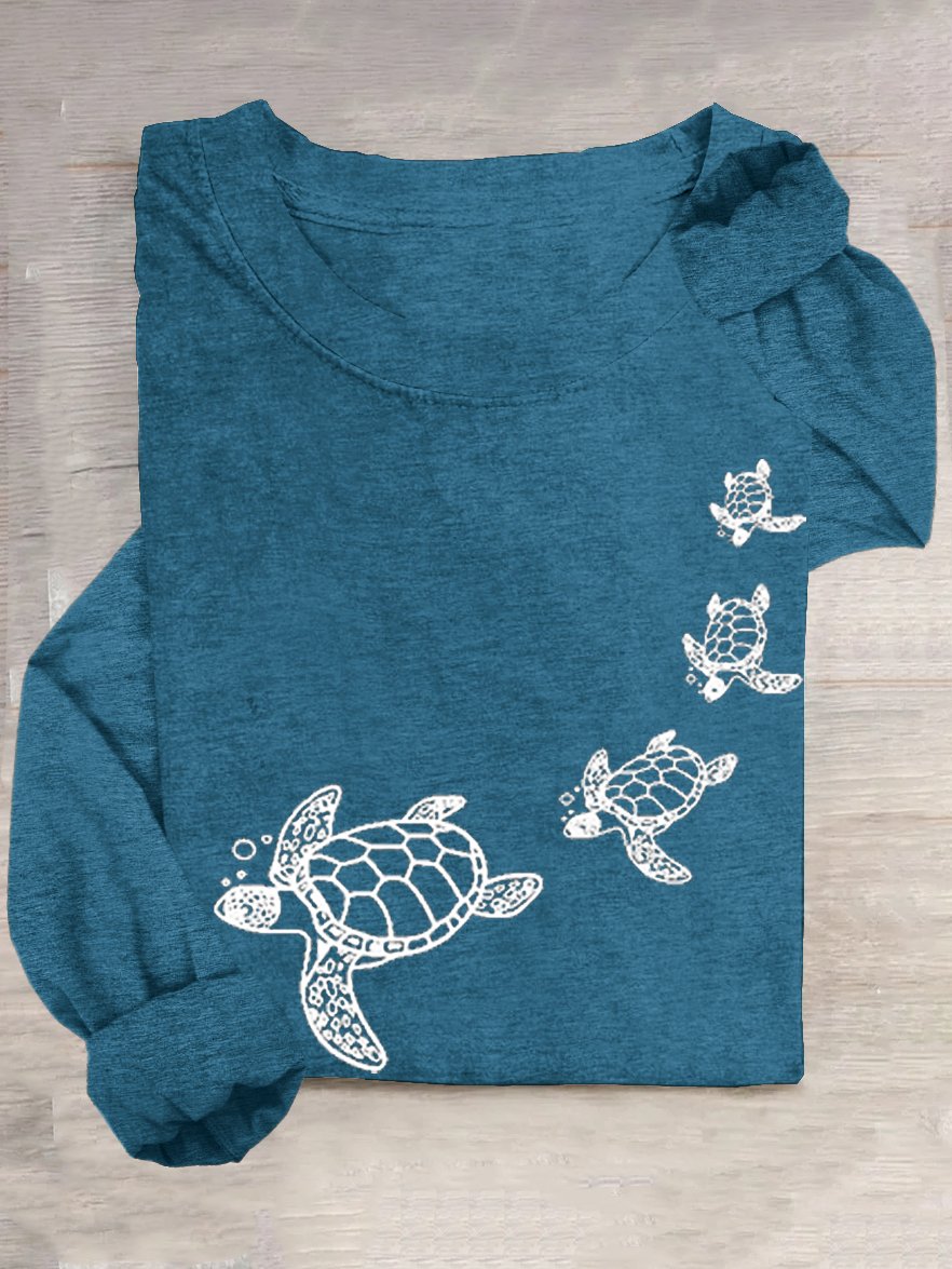 Lässig Rundhals Baumwollmischung Schildkröte T-Shirt