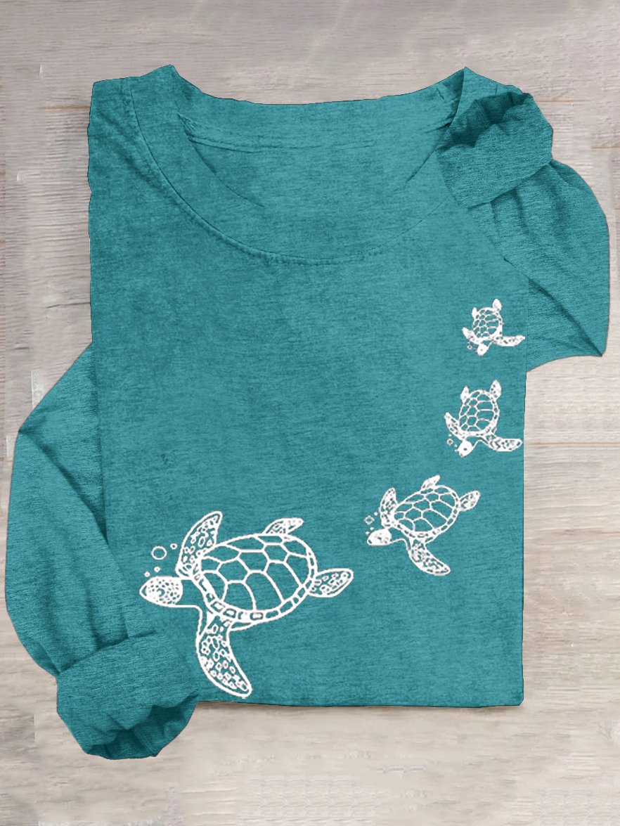 Lässig Rundhals Baumwollmischung Schildkröte T-Shirt