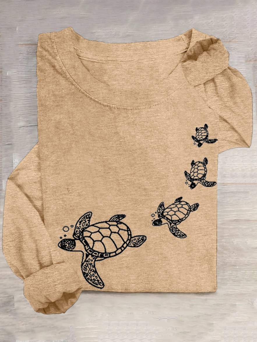 Lässig Rundhals Baumwollmischung Schildkröte T-Shirt