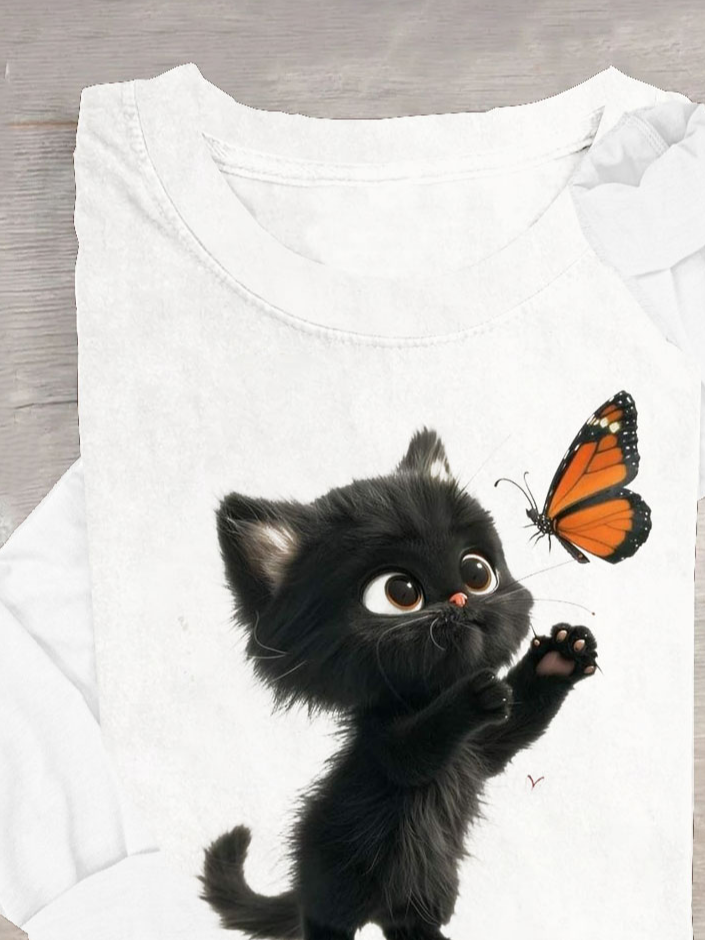 Katze & Schmetterling Rundhals Lässig T-Shirt