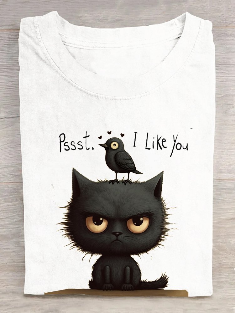 Baumwolle Weit Katze Lässig T-Shirt