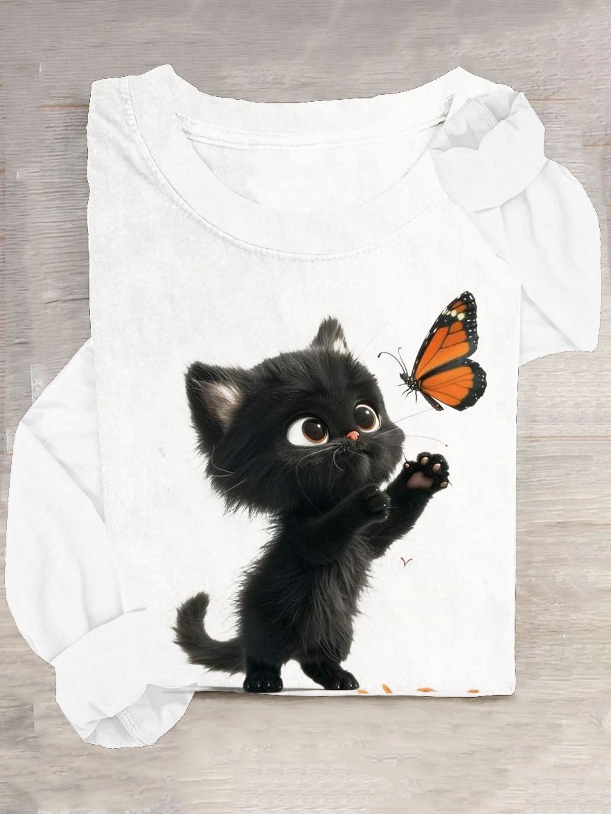 Katze & Schmetterling Rundhals Lässig T-Shirt