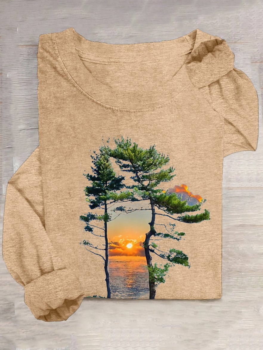 Lässig Weit Baumwollmischung Landschaft T-Shirt