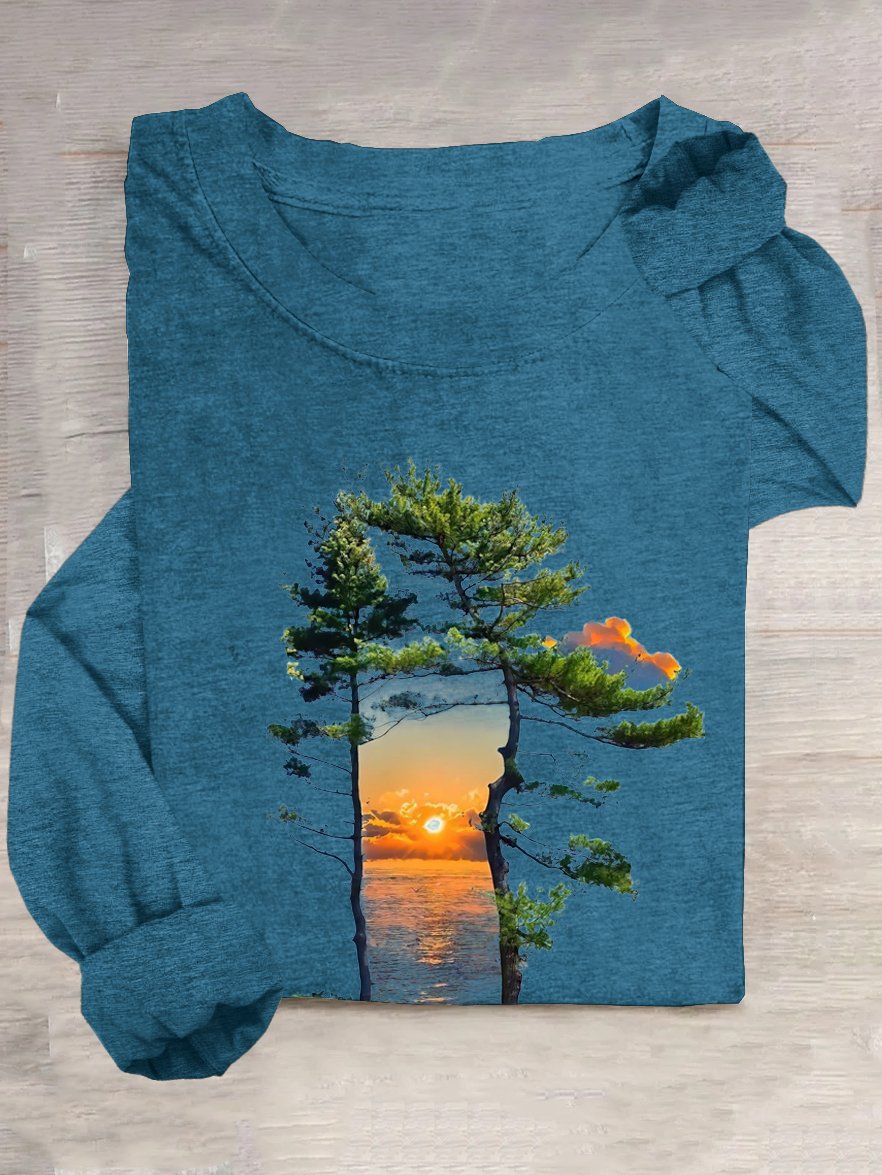 Lässig Weit Baumwollmischung Landschaft T-Shirt