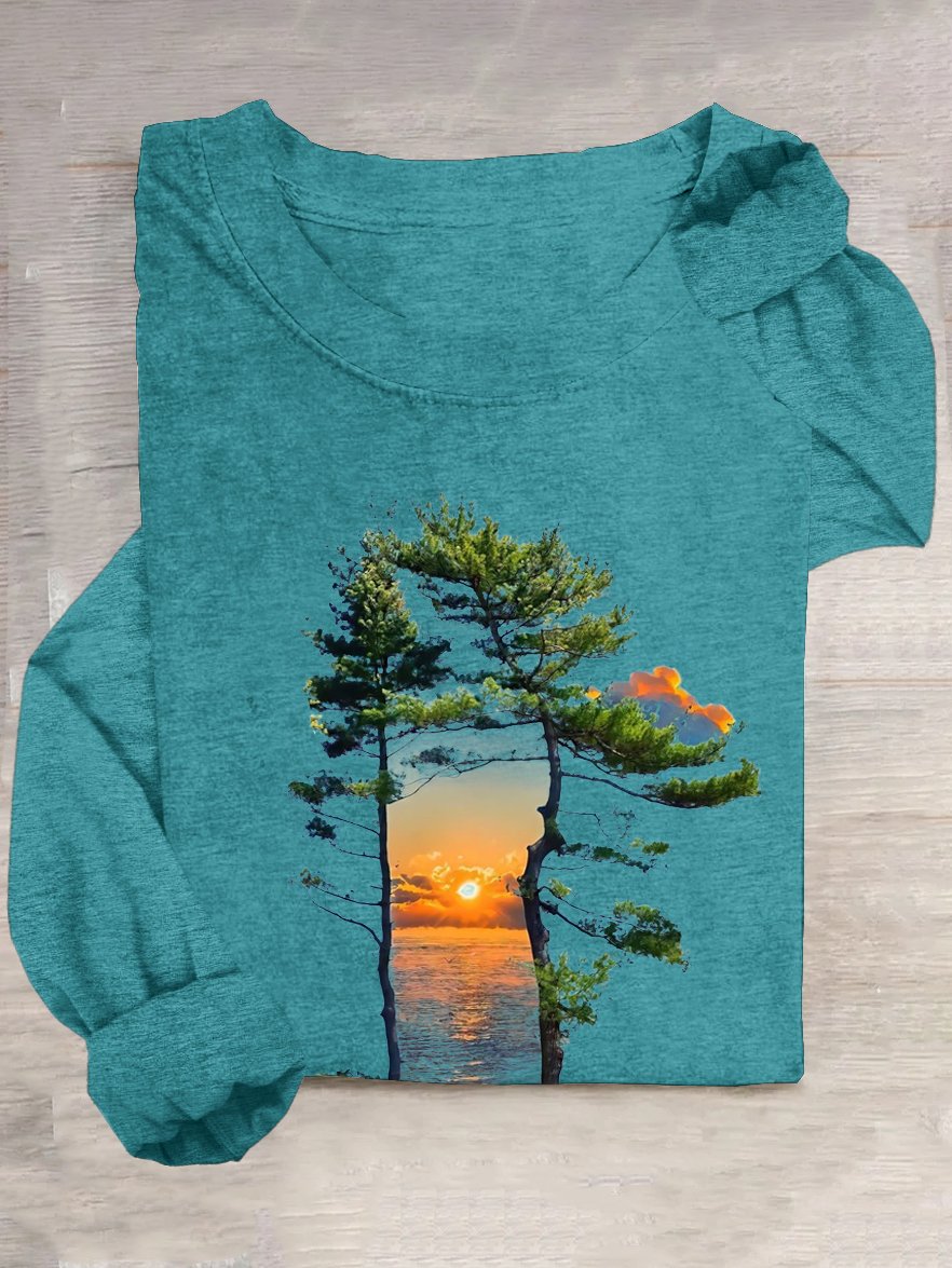 Lässig Weit Baumwollmischung Landschaft T-Shirt