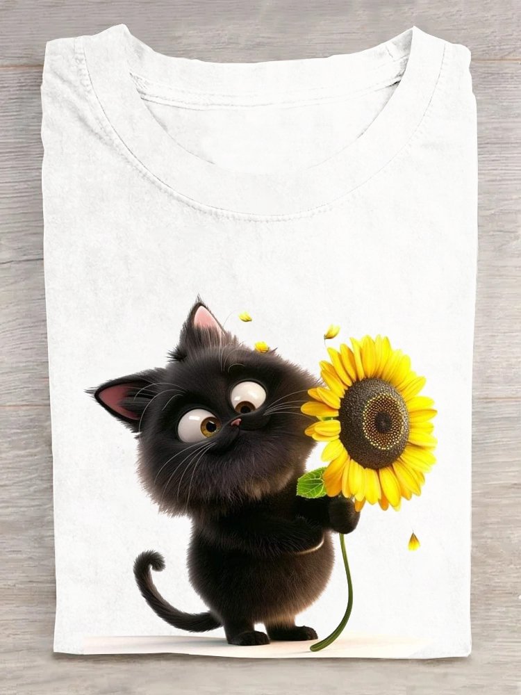 Weit Lässig Katze Rundhals T-Shirt