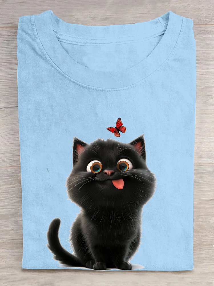 Rundhals Weit Katze Lässig T-Shirt