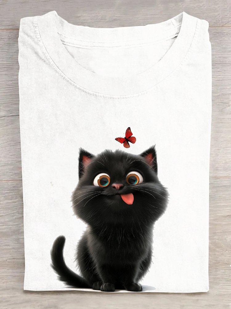 Rundhals Weit Katze Lässig T-Shirt