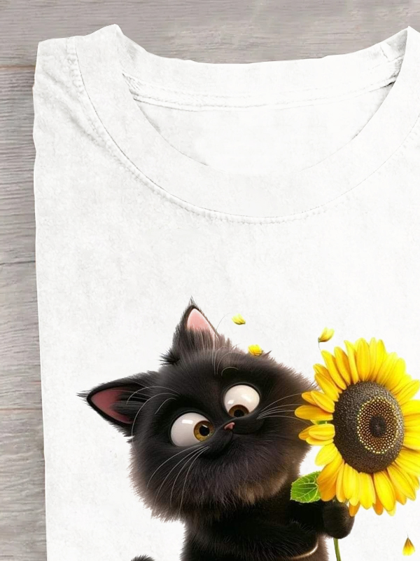 Weit Lässig Katze Rundhals T-Shirt