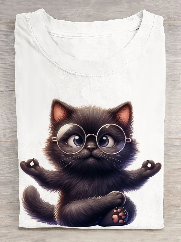 Lustig Schwarze Katze Print Rundhals Lässig T-Shirt