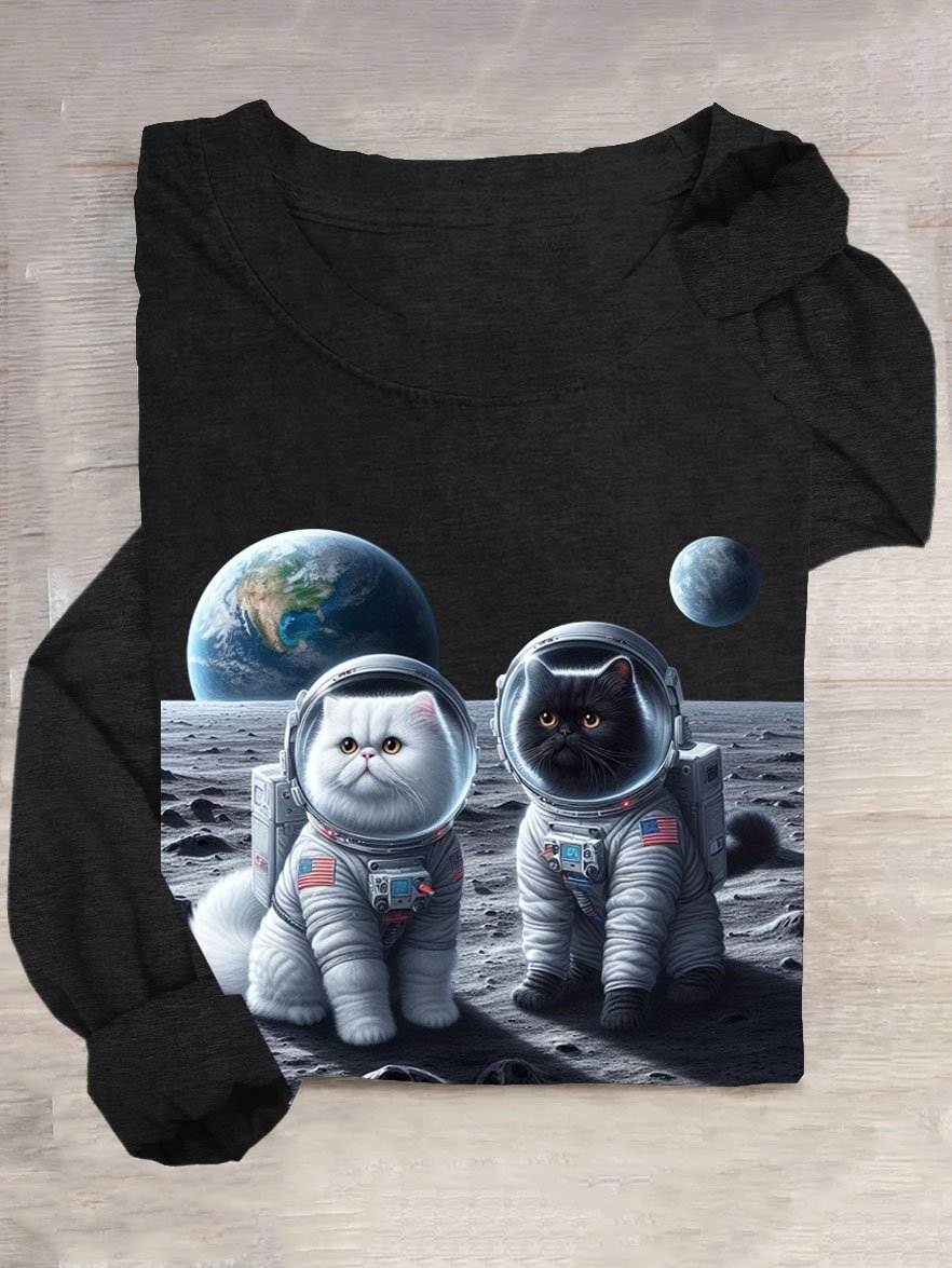 Universum Katze Print Lässig Langarm T-Shirt