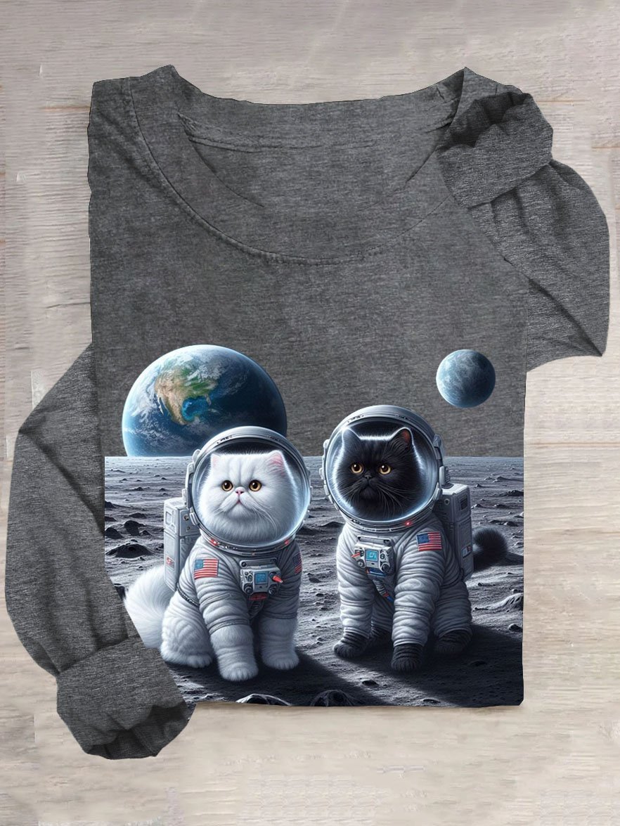 Universum Katze Print Lässig Langarm T-Shirt