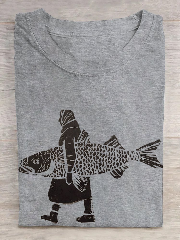 Fisch Baumwolle Lässig Weit T-Shirt