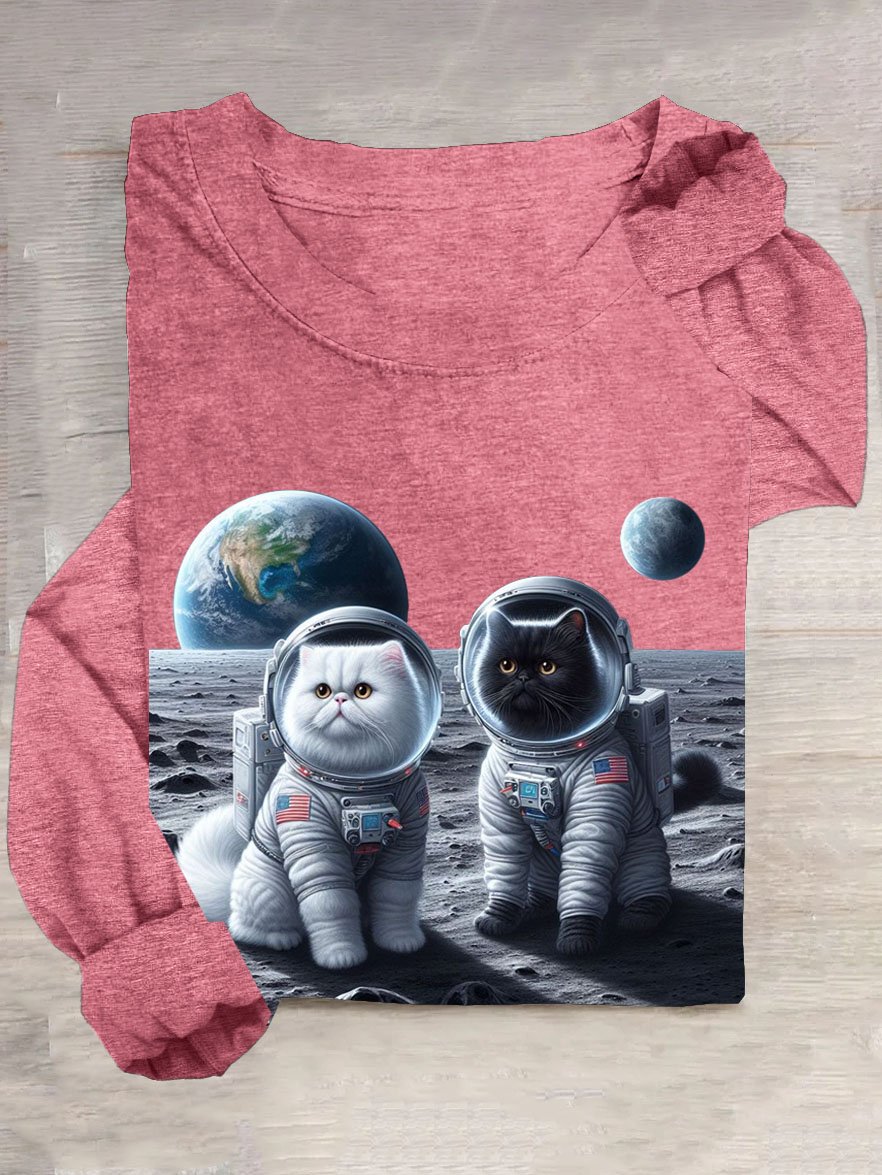 Universum Katze Print Lässig Langarm T-Shirt