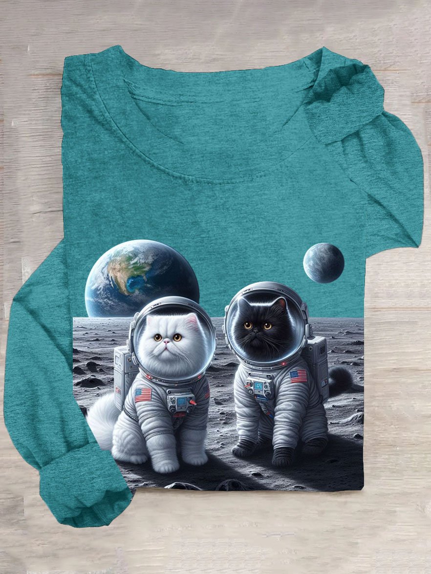 Universum Katze Print Lässig Langarm T-Shirt