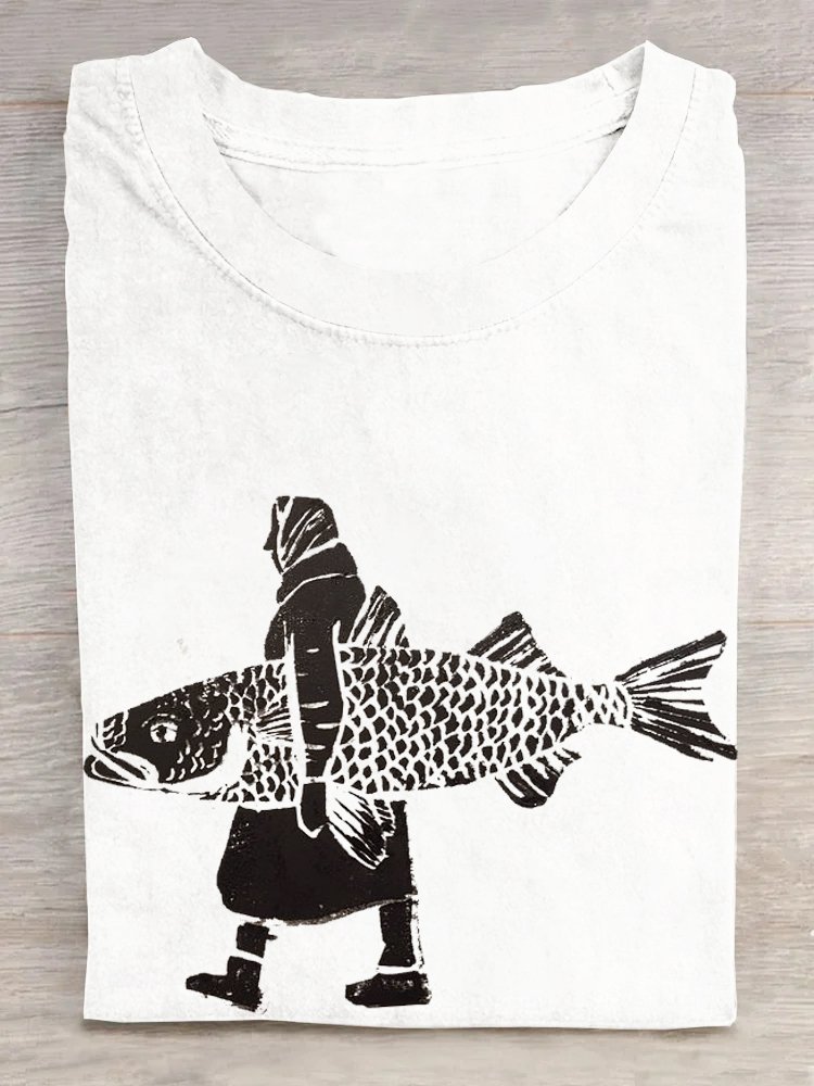 Fisch Baumwolle Lässig Weit T-Shirt