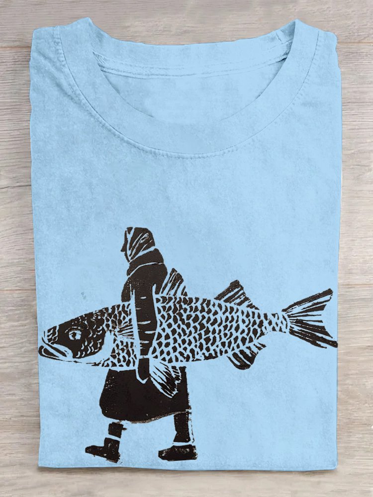 Fisch Baumwolle Lässig Weit T-Shirt