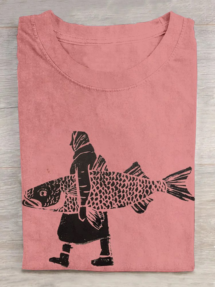 Fisch Baumwolle Lässig Weit T-Shirt