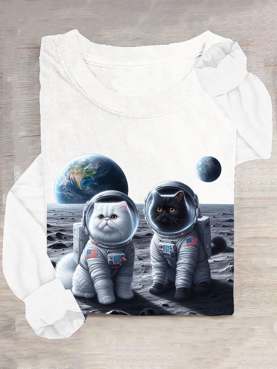 Universum Katze Print Lässig Langarm T-Shirt