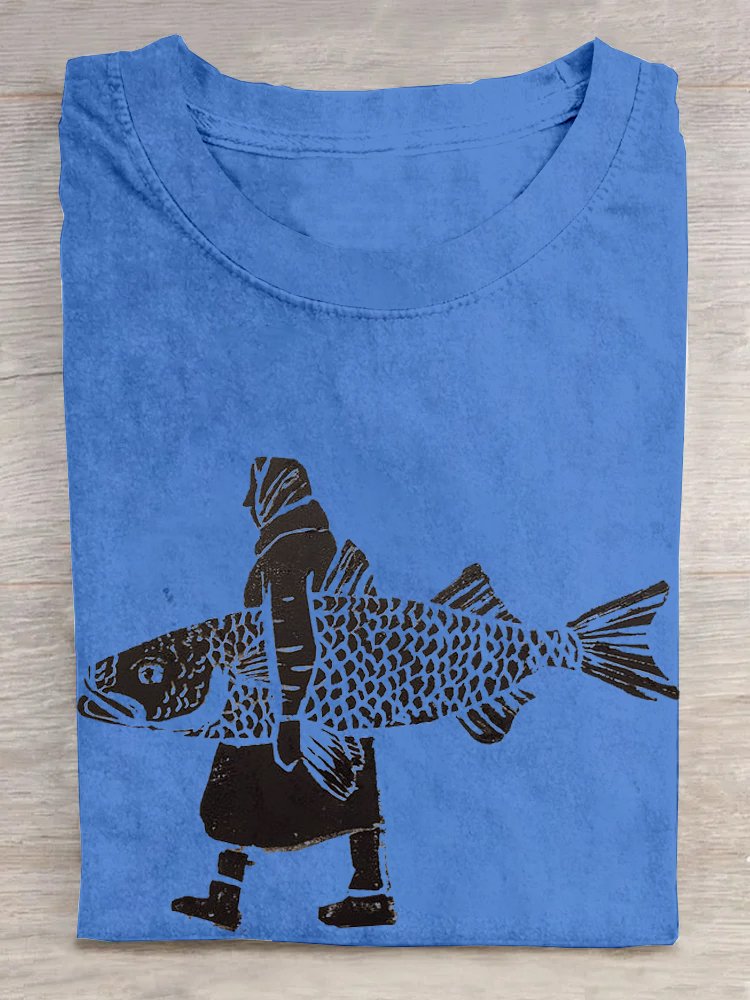 Fisch Baumwolle Lässig Weit T-Shirt