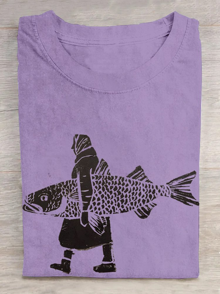 Fisch Baumwolle Lässig Weit T-Shirt