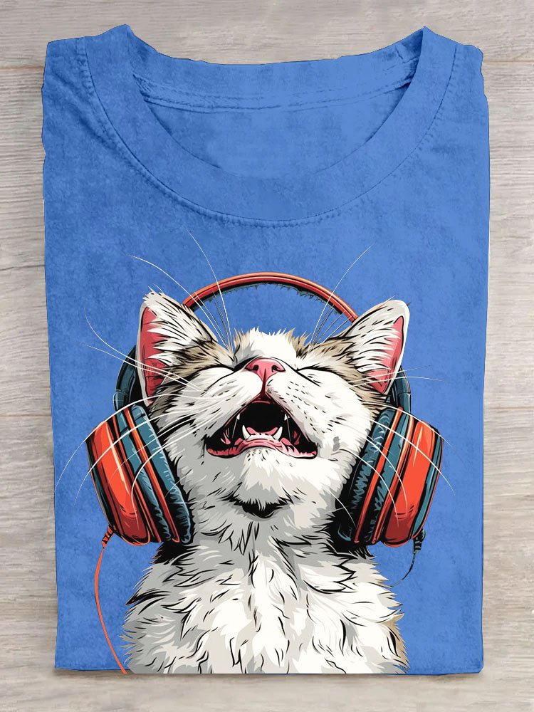 Spaß Musik- Katze Rundhals Lässig T-Shirt