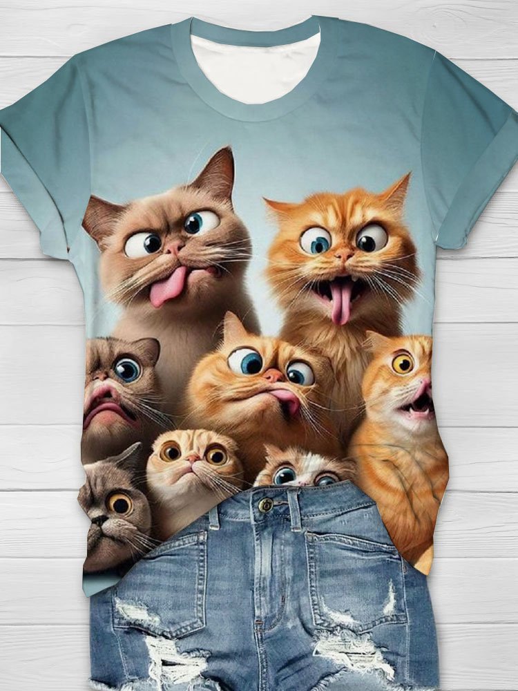 Lustig Katze Print Lässig T-Shirt