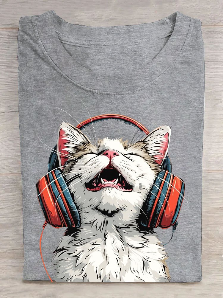 Spaß Musik- Katze Rundhals Lässig T-Shirt