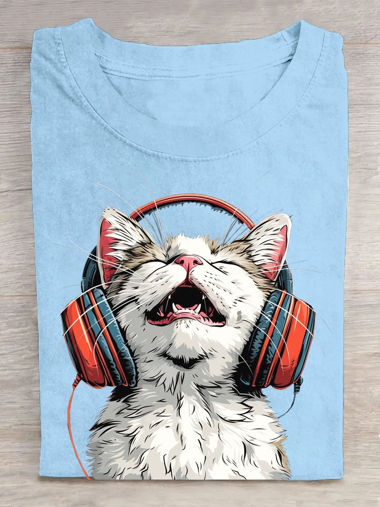 Spaß Musik- Katze Rundhals Lässig T-Shirt