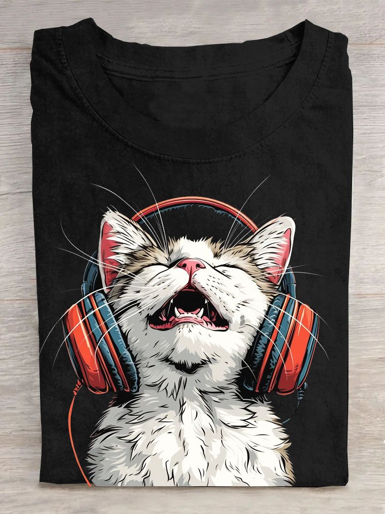 Spaß Musik- Katze Rundhals Lässig T-Shirt