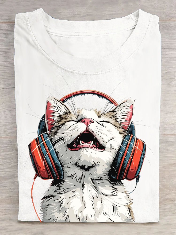 Spaß Musik- Katze Rundhals Lässig T-Shirt