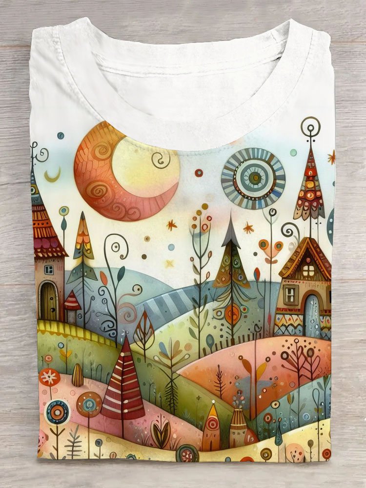 Landschaft Print Rundhals Kurz Ärmeln Lässig T-Shirt