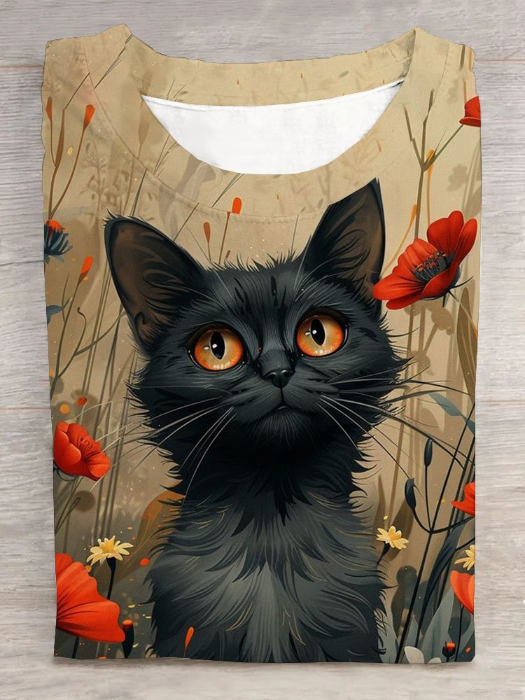 Lustig Katze Print Kurz Ärmeln Rundhals T-Shirt