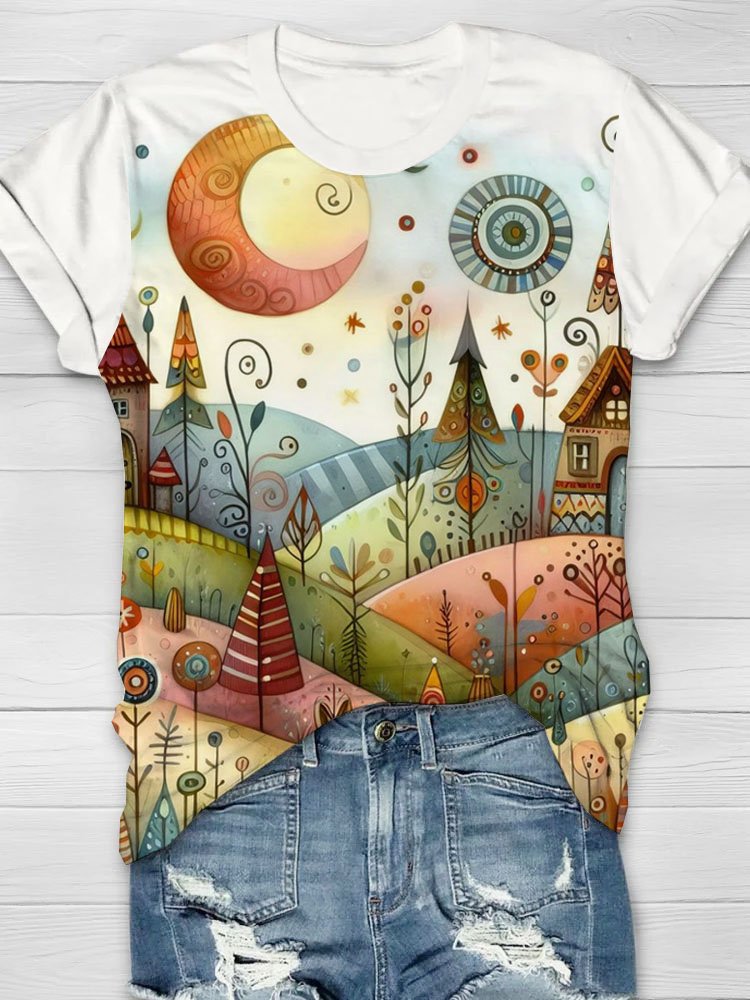 Landschaft Print Rundhals Kurz Ärmeln Lässig T-Shirt