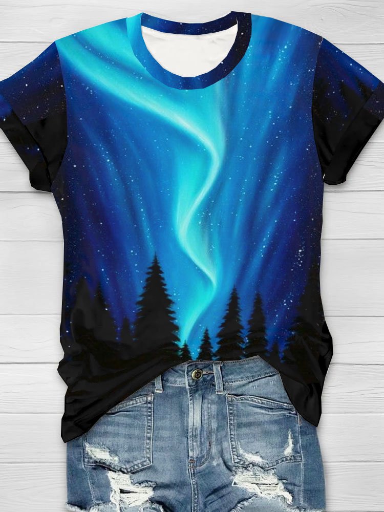 Aurora Normal Landschaft Print Rundhals Lässig Kurzarm T-Shirt