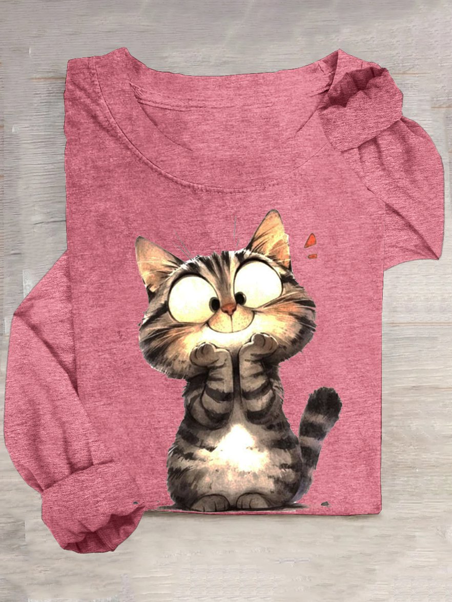 Baumwollmischung Lässig Katze T-Shirt