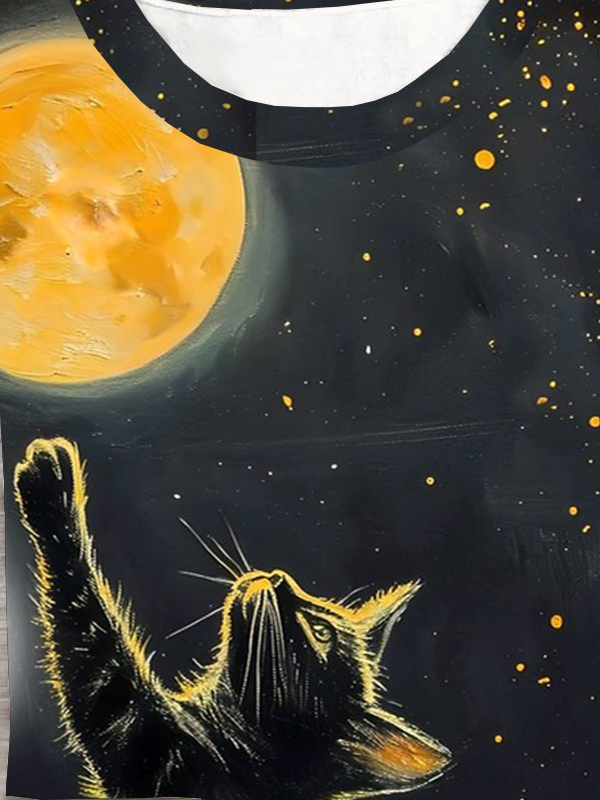 Mond und Katze Print Rundhals Kurzarm Lässig T-Shirt