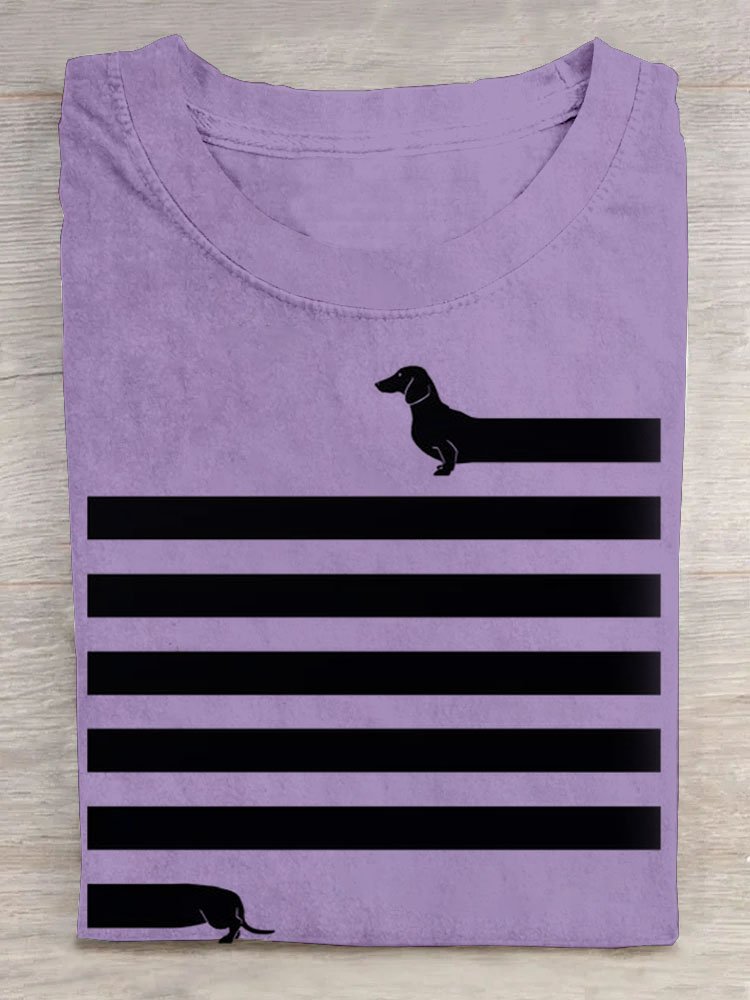 Gestreift Hund Print Rundhals Kurz Ärmeln Lässig T-Shirt