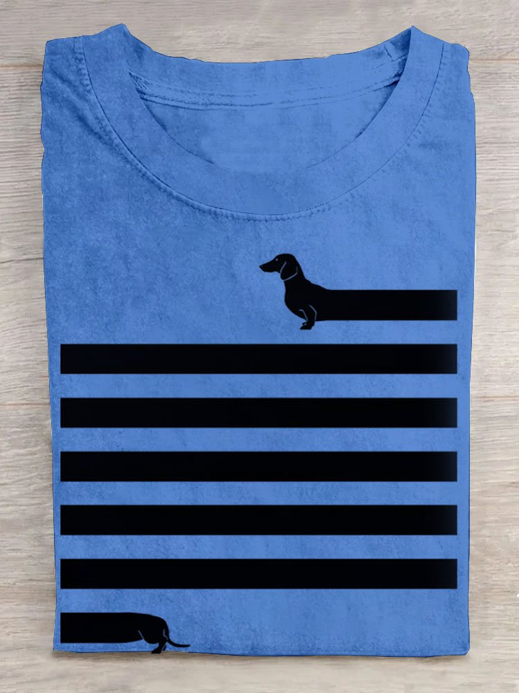 Gestreift Hund Print Rundhals Kurz Ärmeln Lässig T-Shirt